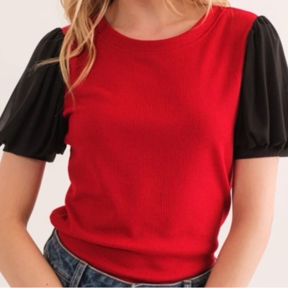 Red and Black Puff  Sleeve Women's Top. No size tag but measures a small.